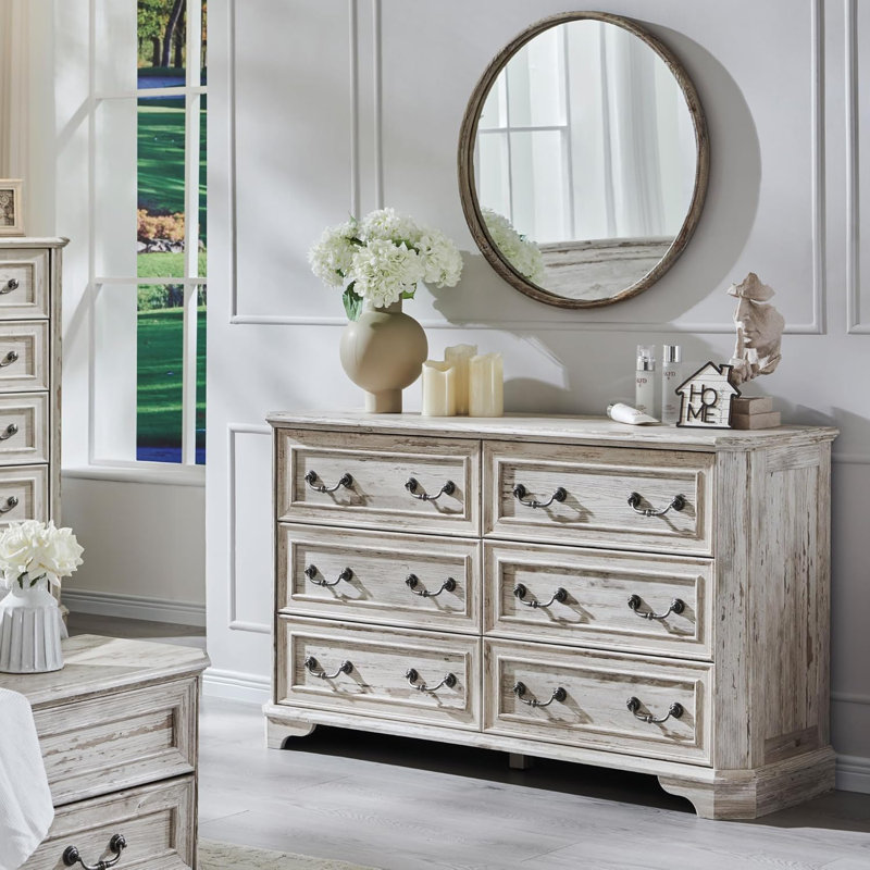 Commode en bois à 6 tiroirs Farmhouse, commode en bois massif, armoire de rangement pour chambre à coucher, Blanc patiné