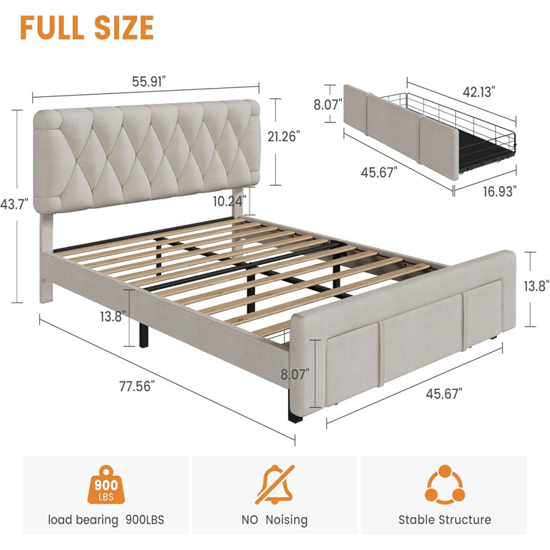 Structure de lit de rangement rembourrée avec tiroirs, lit plateforme avec lattes en bois massif, aucun sommier tapissier requis