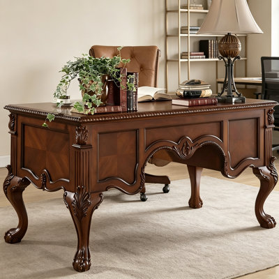 Bureau en bois d'hévéa massif American Vintage avec sculptures à la main et rangement de tiroir spacieux