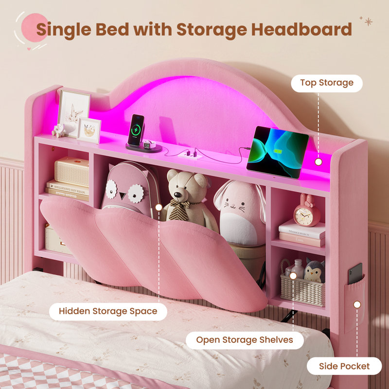 Single Bed with Storage Headboard & Drawers , Pink