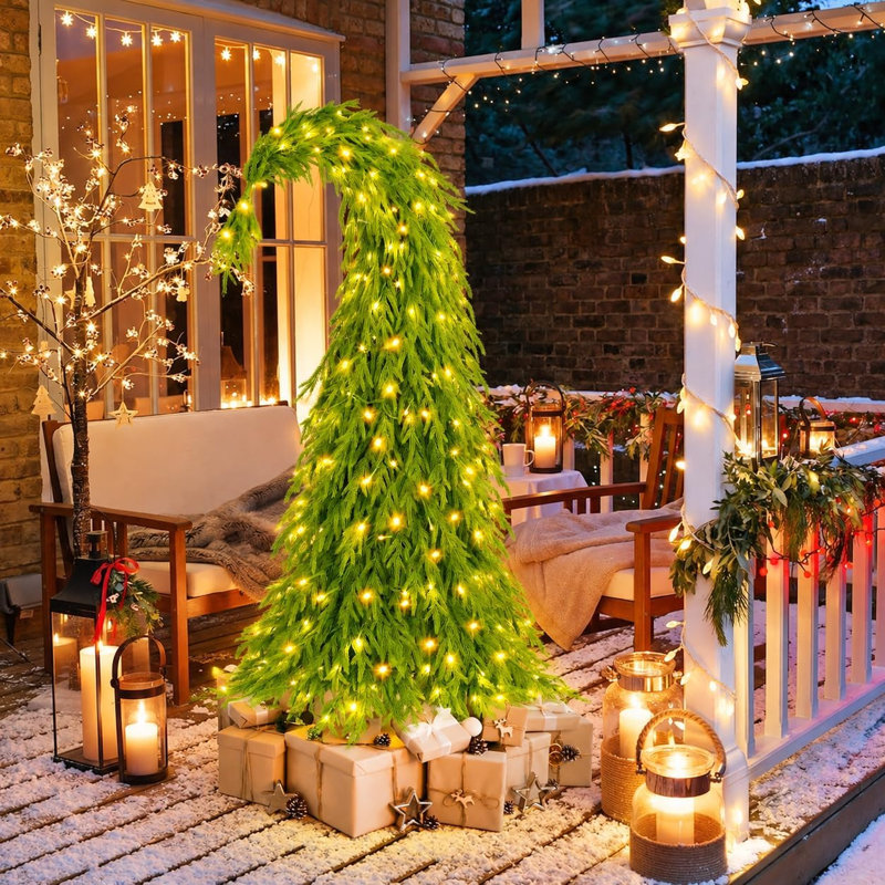 Sapin de Noël pliable et fantaisiste vert citron préilluminé, sapin Norfolk réaliste 2 en 1 à double style avec lumière blanche chaude, aspect classique ou incurvé, sapin de Noël mince pour décoration intérieure (1,20 m)