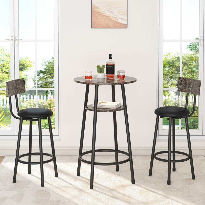 3-Piece Bar Table Set For 2, Small 2-Tier Round Bistro Pub Dining Table & PU Upholstered Stools With Backrest, Black, Black