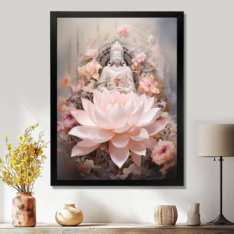 Bouddha rose, lotus de la sagesse sur toile, L 30 po x H 40 po x P 1,5 po, Cadre simple noir