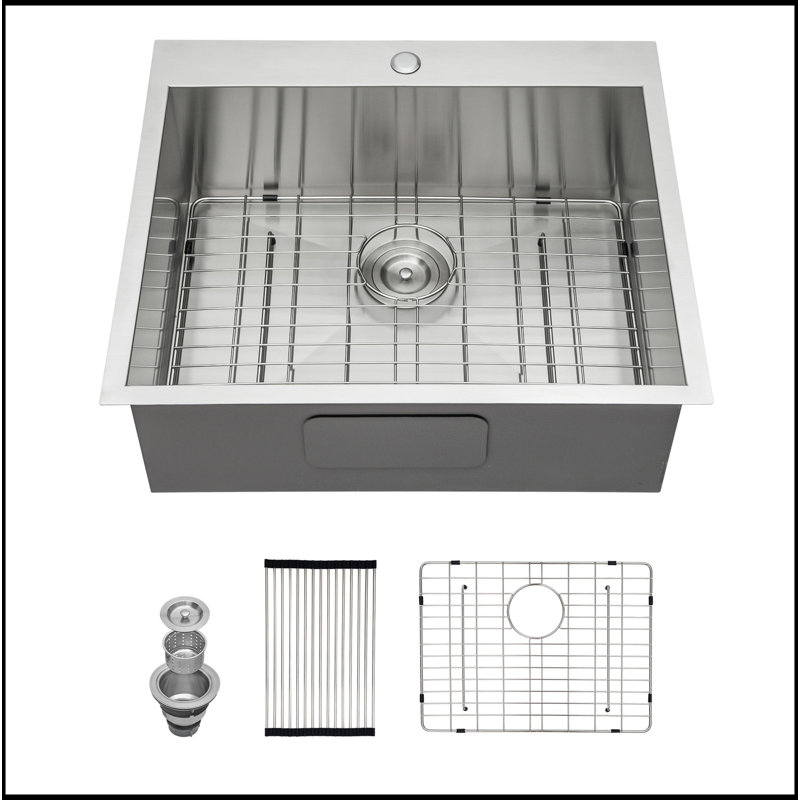 25"X22"X12" Stainless Steel Laundry Utility Sink Drop In Topmount Deep Single Bowl Kitchen Sink Basin
