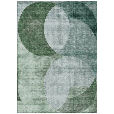 10' X 14' Mint Green And Fern Green Geometric Washable Indoor Outdoor Area Rug