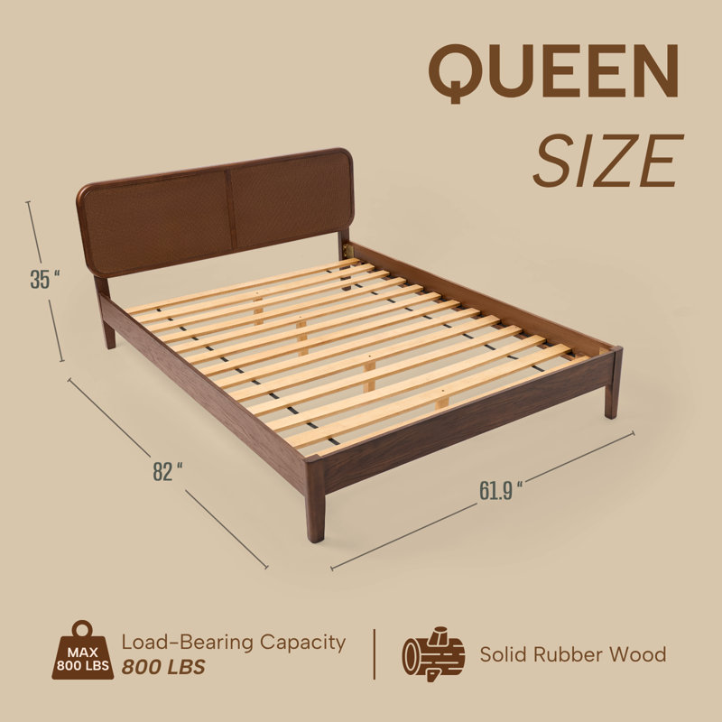 Woodmere Premium Queen Size Bed Frame with Rattan Headboard, Solid Wood Platform Bed, Tapered Solid Wood Legs, No Box Spring Needed, Mid-Century Modern Style, Easy Assembly (Walnut)