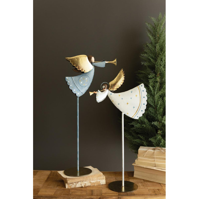 Ensemble de deux anges de Noël en métal peints sur des supports
