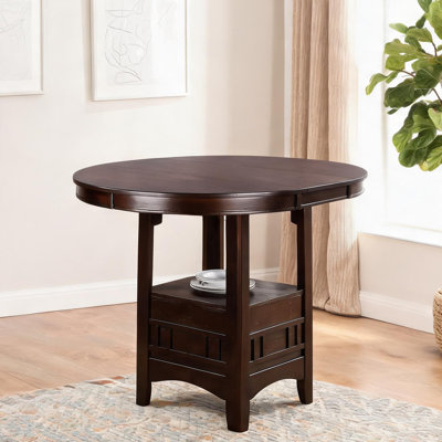 Table de salle à manger à hauteur de comptoir en bois massif rond avec plateau tournant et plateau inférieur, 42 po, 4 places, finition brune ton de bois, idéale pour la cuisine ou le coin-repas