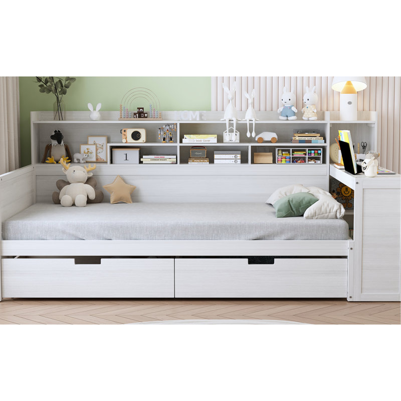 Lit de jour en bois blanc antique avec rangement efficace et bureau, Blanc antique