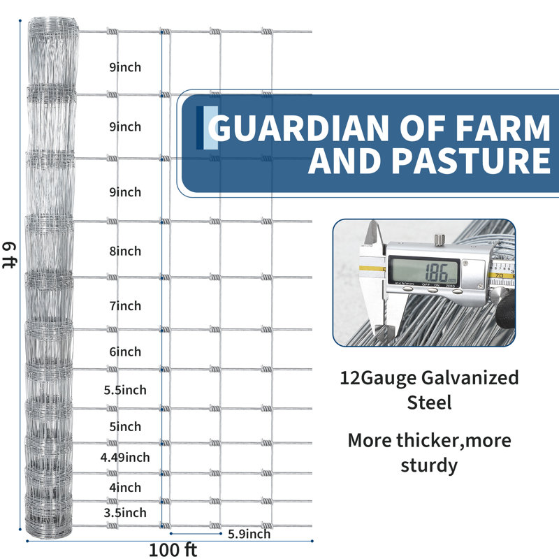 Clôture agricole galvanisée de calibre 14, 1,8 m x 30,5 m, grillage robuste pour l'élevage de cerfs et de chèvres