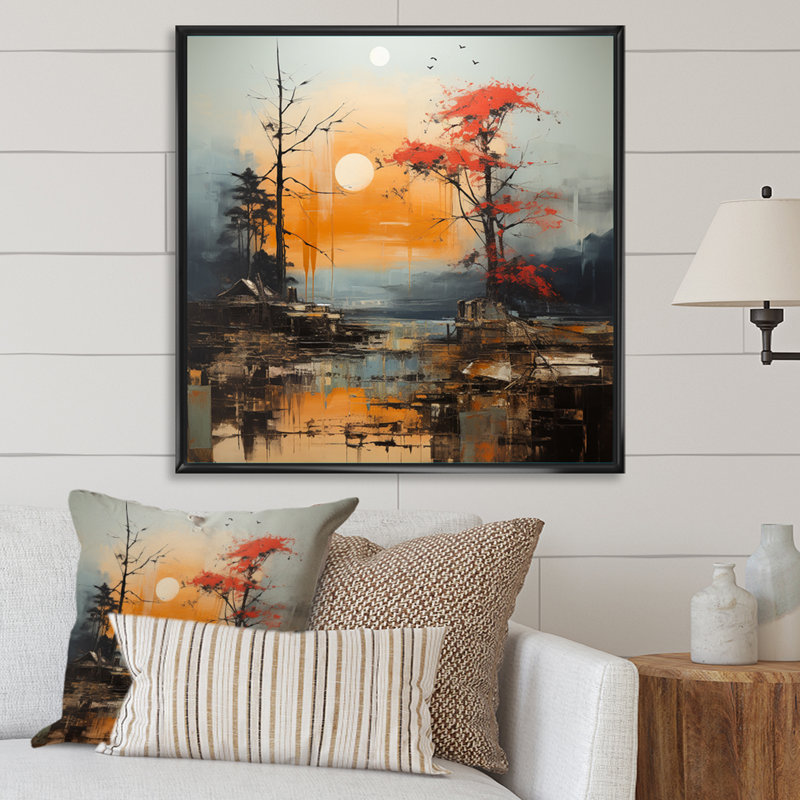 Paysage asiatique orange gris II sur toile, Cadre flottant noir, H 16 po x l 16 po x P 1 po