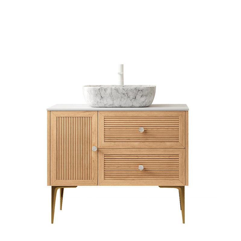 Meuble-lavabo de 36 po avec lavabo, armoire de rangement autoportante en contreplaqué avec pieds, 1 porte et 2 tiroirs, comptoir en pierre frittée Carrara et lavabo rectangulaire en céramique à motif marbré, pré-assemblé