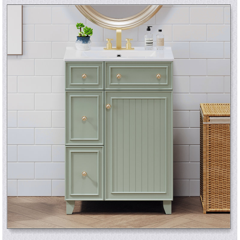 Bathroom Vanity with Ceramic Sink & 2 Drawers, Green, 24"