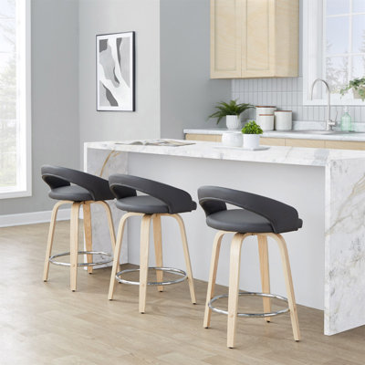 Tabouret de comptoir à hauteur fixe avec pivot en bois naturel et similicuir avec repose-pieds rond en métal chromé - ensemble de 2