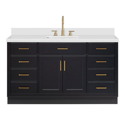 Meuble-lavabo simple en bois massif Tidworth avec plateau en quartz blanc de 1,5 po