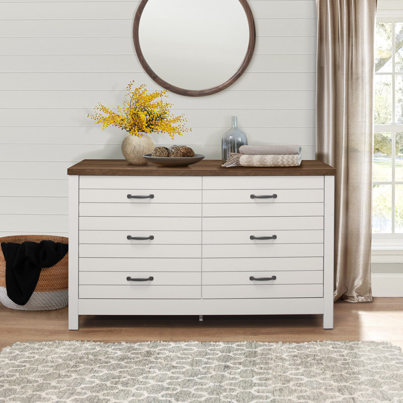 Salton Wood 6 Drawer Dresser, Ivory/Knotty Oak