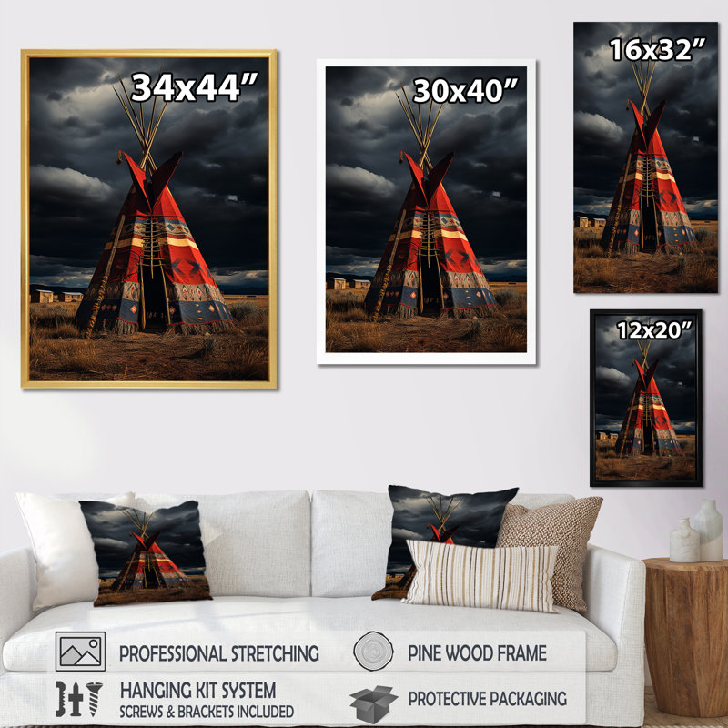 Tipi de voyage rouge des tribus - reproduction sur toile, Cadre flottant blanc, H 44 po x l 34 po x P 1,5 po