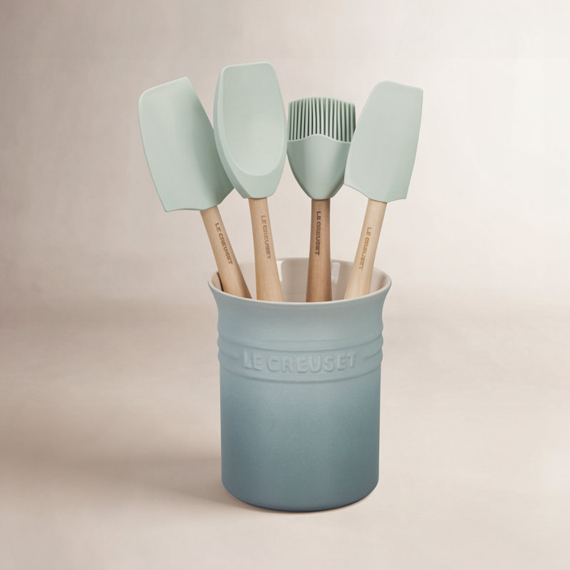 Silicone 5 piece Utensil Set with Crock, Sea Salt