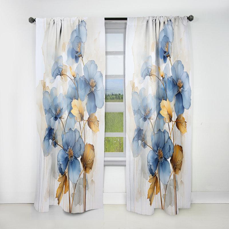 Kiayla Blue and Gold Adorned Violets II - Violets Curtain - Velvet Room Darkening - 1 Panel, 52" W x 108" L