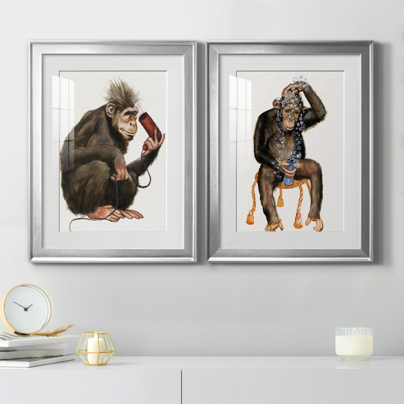 «Bath Animals I», ensemble de 2 impressions, Blanc, H 22,5 po x l 61 po x P 1,5 po, Papier avec cadre argenté