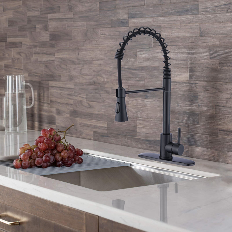 Robinet de cuisine à ressort à poignée simple avec accessoires, Sans distributeur de savon, Chrome