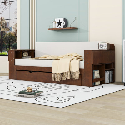 Lit de jour convertible en bois avec bureau intégré, tiroirs et accoudoirs extensibles