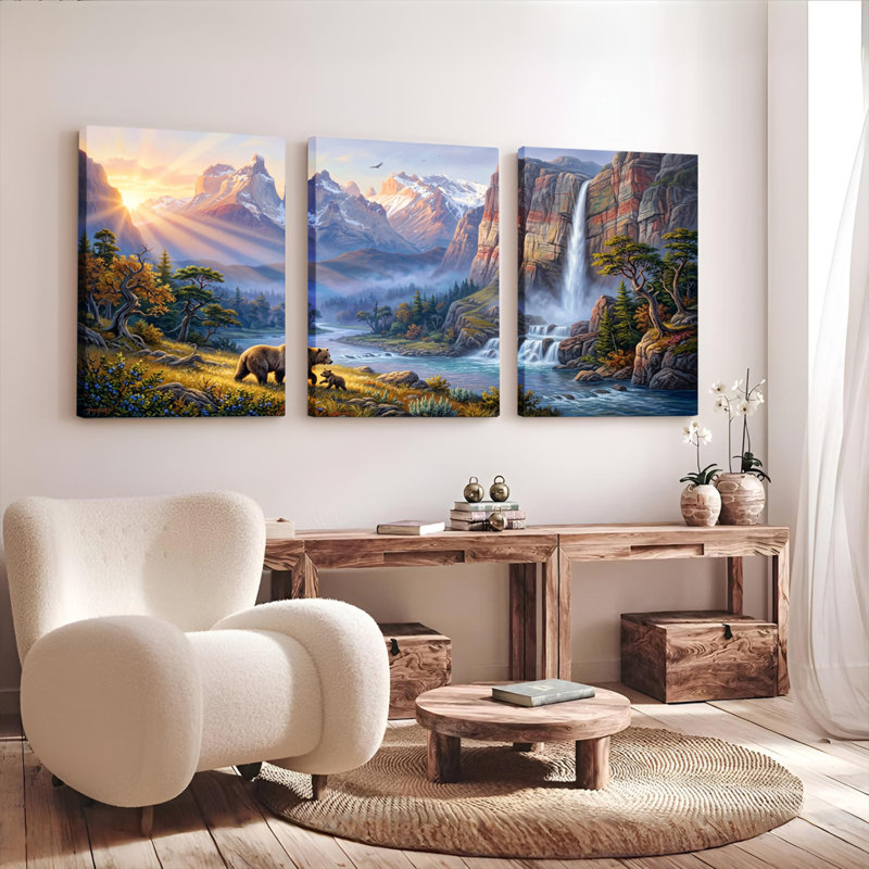 Ensemble de 3 tableaux sur toile représentant un paysage de montagne avec un ours et une cascade, 1218