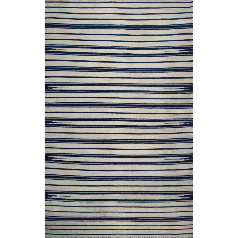 White With Blue Geometric Stripes Antique Flatwoven Room Size Indian Dhurrie Rug