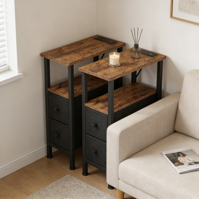 Table d'appoint mince avec station de charge, table de bout étroite avec 2 tiroirs et tablette ouverte, table de chevet peu encombrante avec ports USB et prise de courant pour petits espaces