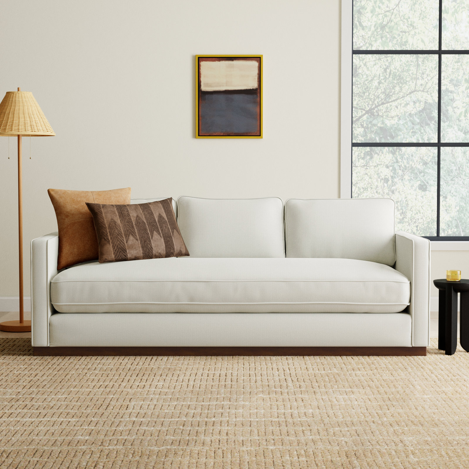 Bobbi 87'' Upholstered Sofa , Flannigan Cotton White Performance Weave, Walnut