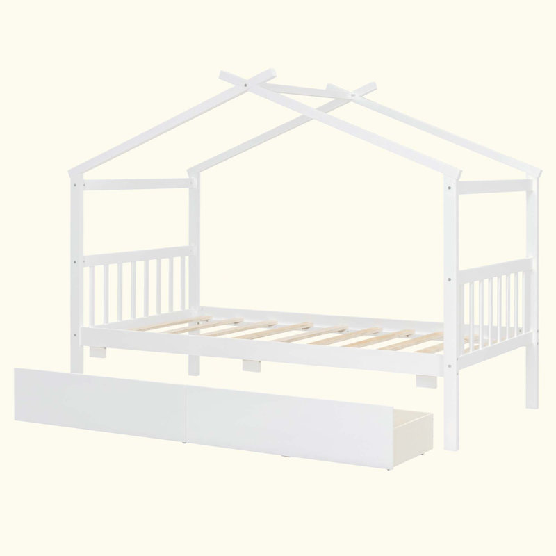 Lit en bois avec tiroirs, Blanc