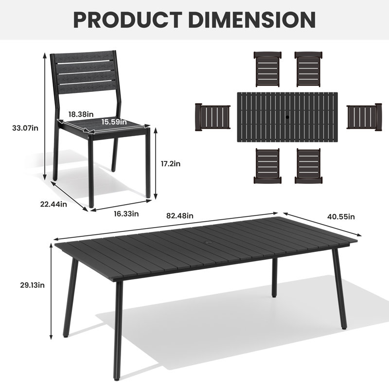 6-Person Aluminum Outdoor Dining Set With Umbrella Hole And Stackable Chairs, Black