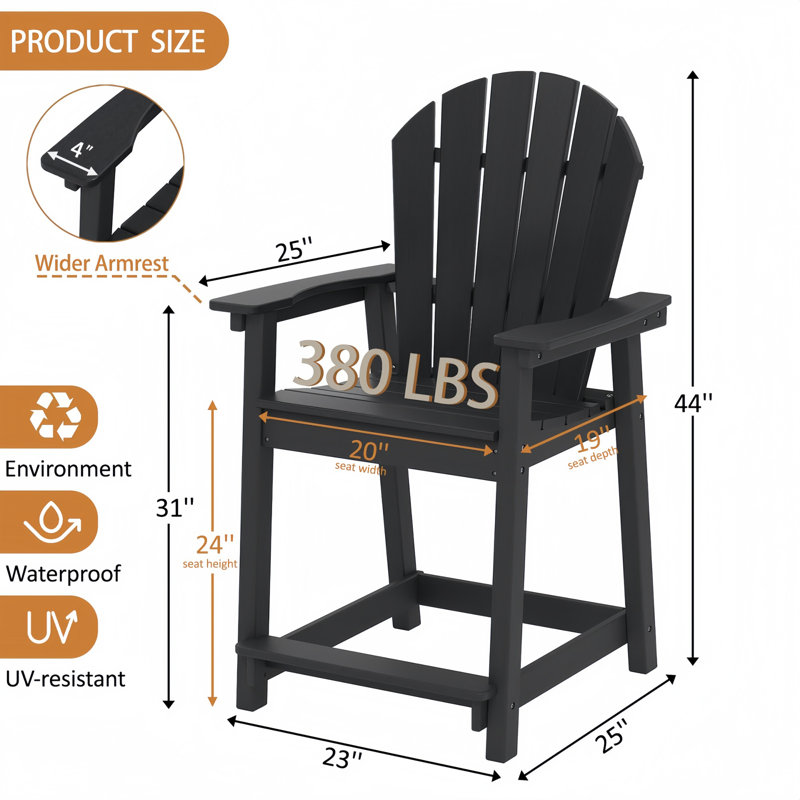 Yardgrace Tall Adirondack Chair - All-weather Hdpe Bar Height Stool, Black