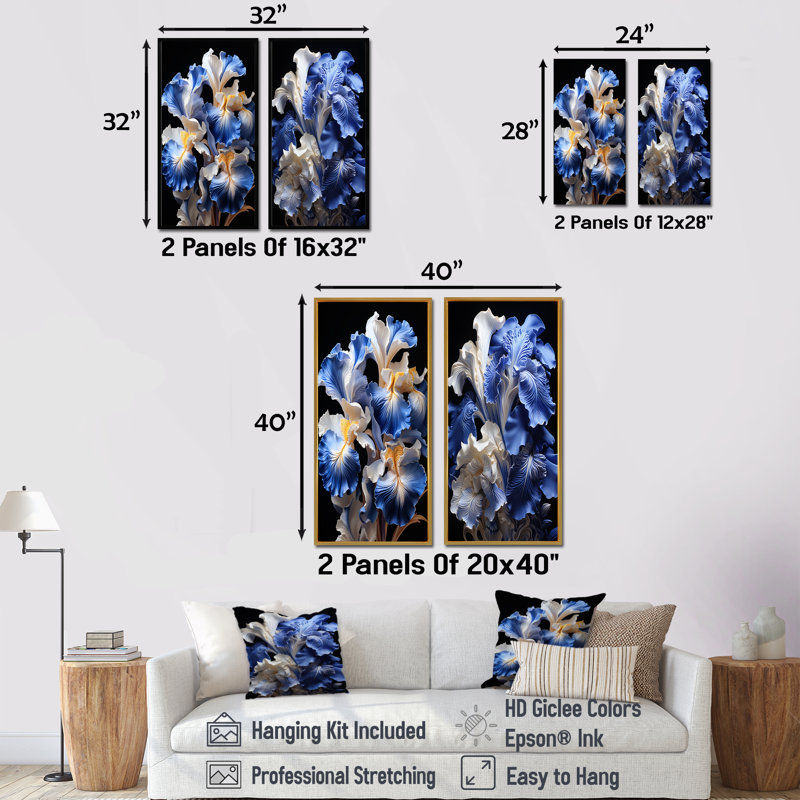 Ensemble de salon mural blanc et bleu Irises Elegance I - Irises, H 28 po x l 25 po, Encadrement brun