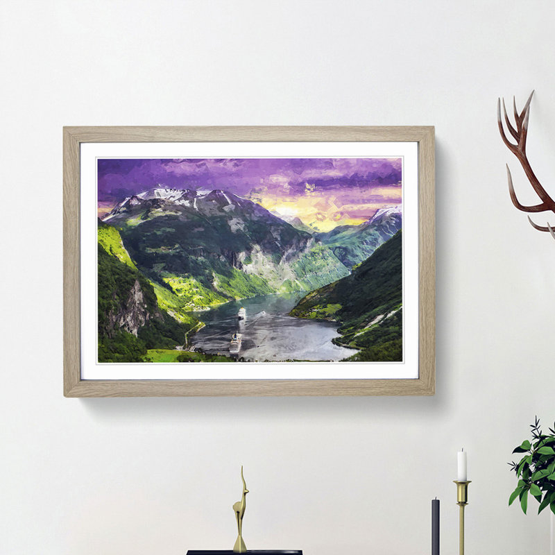 Cruise Ships Passing by Norway in Abstract - Picture Frame Graphic Art Print, 62cm H x 87cm W x 2cm D, Oak Framed