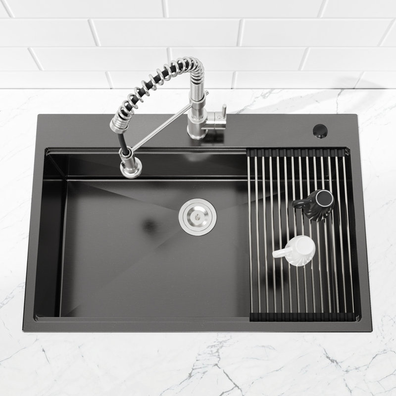 30"X22" Stainless Steel Single Bowl Kitchen Sink In Black With Coating And Basket - Prevents Stains, Increases Storage Capacity Pad Dripping, Minimizes Noise