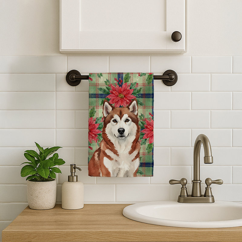 Red and White Alaskan Malamute Christmas Poinsettas Kitchen Towel, Red/White Alaskan Malamute