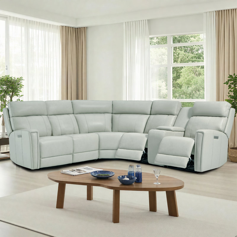 6-Piece, 3 Power recliners Leather Reclining Sectional, Power headrest  , Green Genuine Leather, Power - Push Button