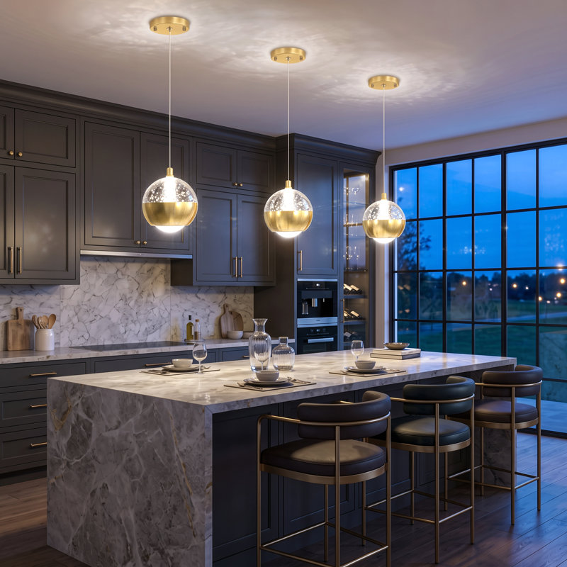 Luminaire suspendu en cristal DEL pour îlot de cuisine, Une lumière, Gold