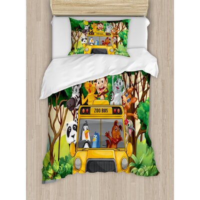 Animals with Balloons Riding on a Zoo Bus Travel Road Journey in Wilderness Scenery Duvet Cover Set -  Ambesonne, nev_37593_twin