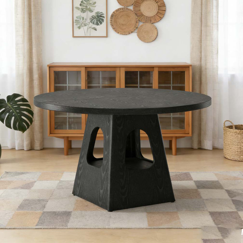 Table de salle à manger ronde de 47 pouces avec plateau en bois et base de rangement, Noir
