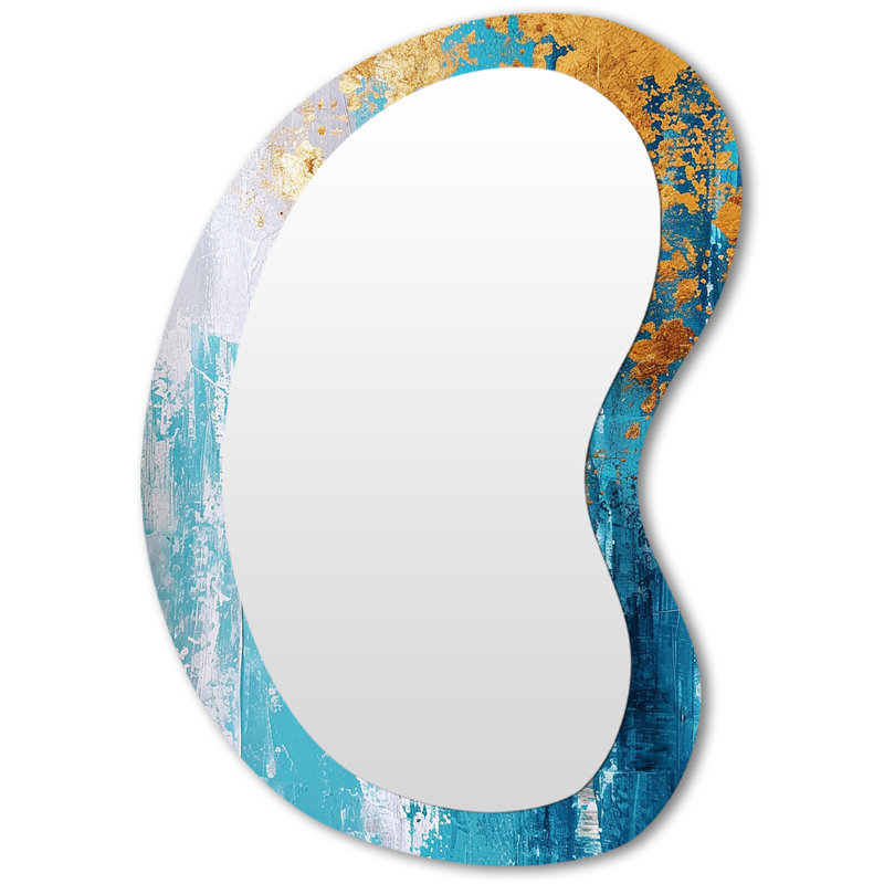 Bouleau doré sur fond bleu sarcelle rétro - Art abstrait en métal - Miroir mural moderne et irrégulier, 31 po x 22 po