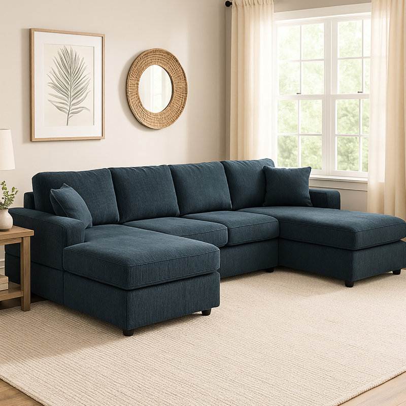 3 - Piece Corduroy Double Chaise For 4, Engineered Wood Frame, Blue Upholstery, Square Arms, Removable Cushions And Modern Minimalist Living 4 People, Foam Filled Cushions, Interior Design