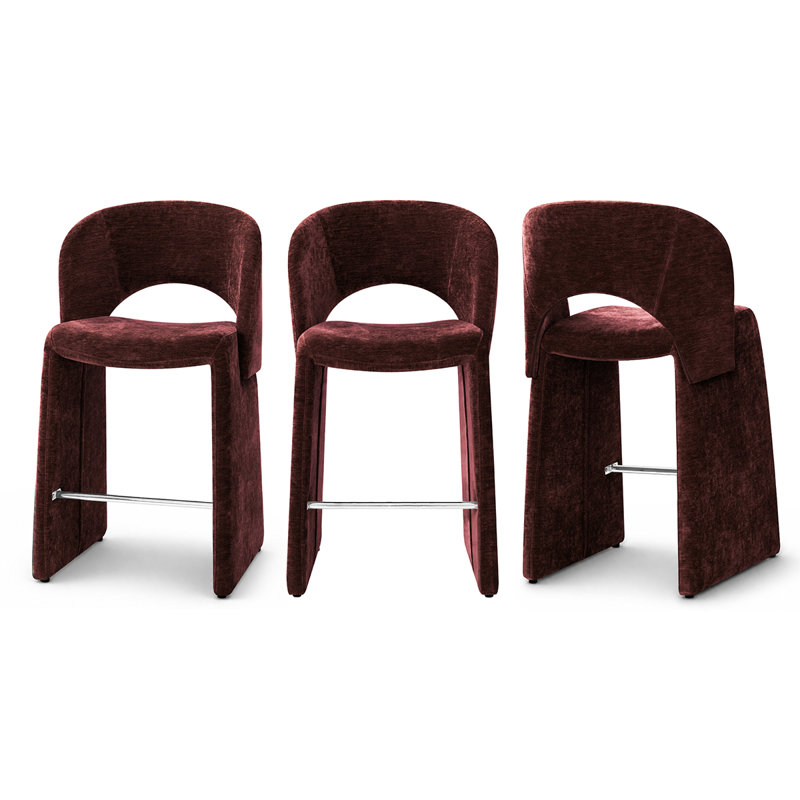 Tabouret de comptoir moderne 26,5 po entièrement revêtu de chenille, Bourgogne