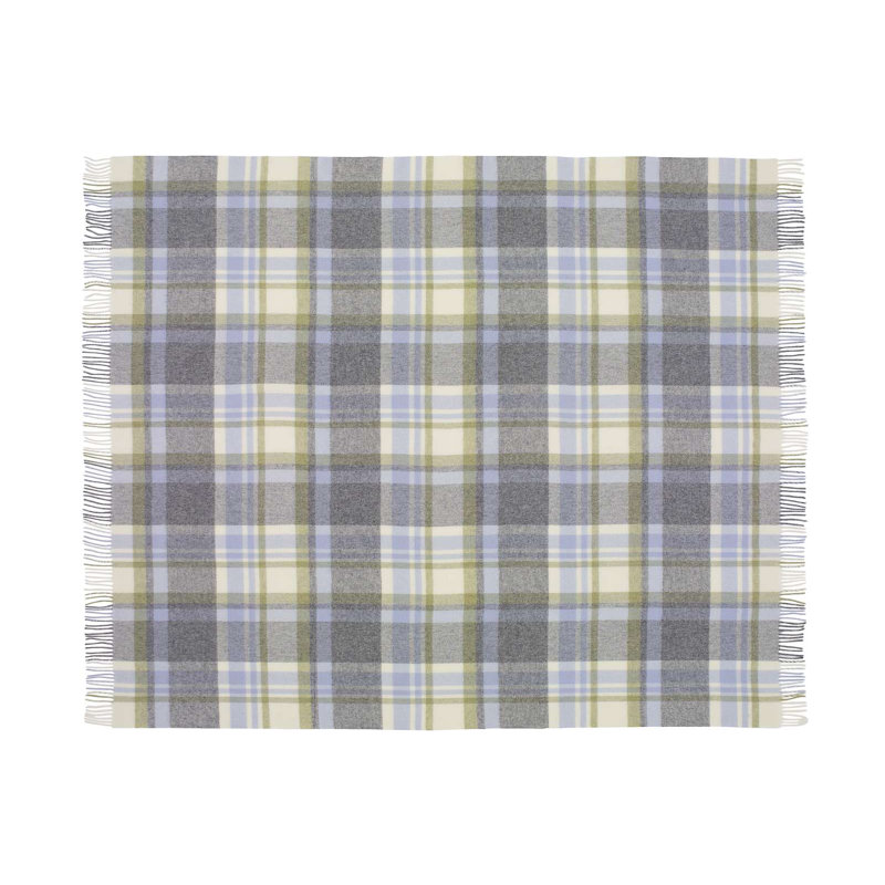 Jeté tissé en laine d'agneau Merino, Bleu / gris / damier beige