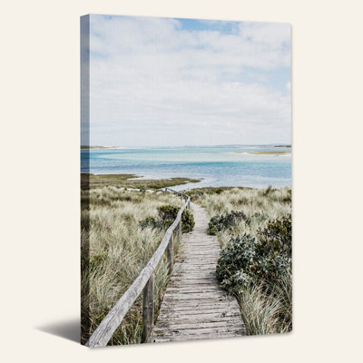 Wooden Boardwalk Path Through Beach Grass Toward Ocean Canvas Wall Art