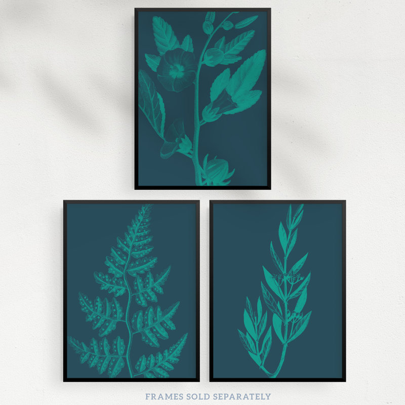 Teal Turquoise Leaves Plant Frond And Tree Blooms Botanical - 3 Piece No Frame Print Set, 40.5cm H x 30.5cm W x 0.3cm D