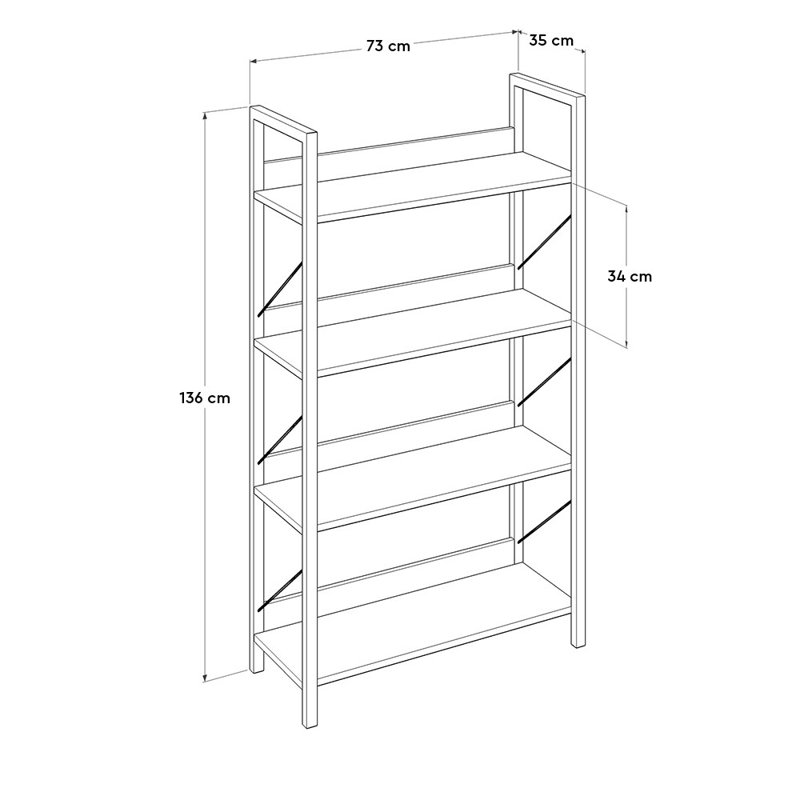 Bibliothèque industrielle moderne avec structure en métal, 28,7 x 53,5 x 13,8 pouces | 100% panneau de particules enduit de mélamine, épaisseur: 0,6 pouce | Nombreuses tablettes à fixation murale, parfaites pour la maison et le bureau