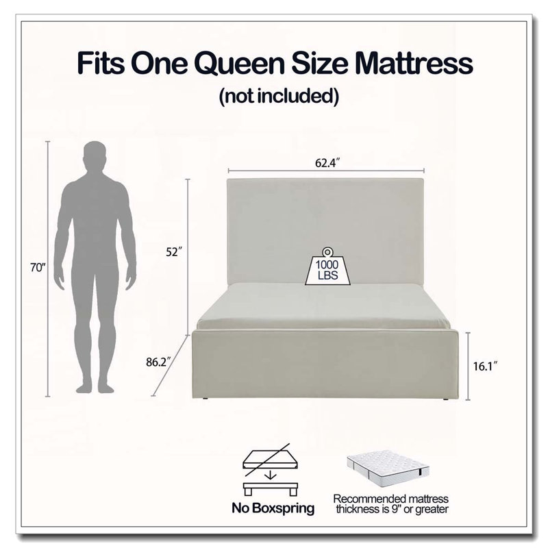 Tall Headboard Upholstered Bed, Blanc, Grand lit