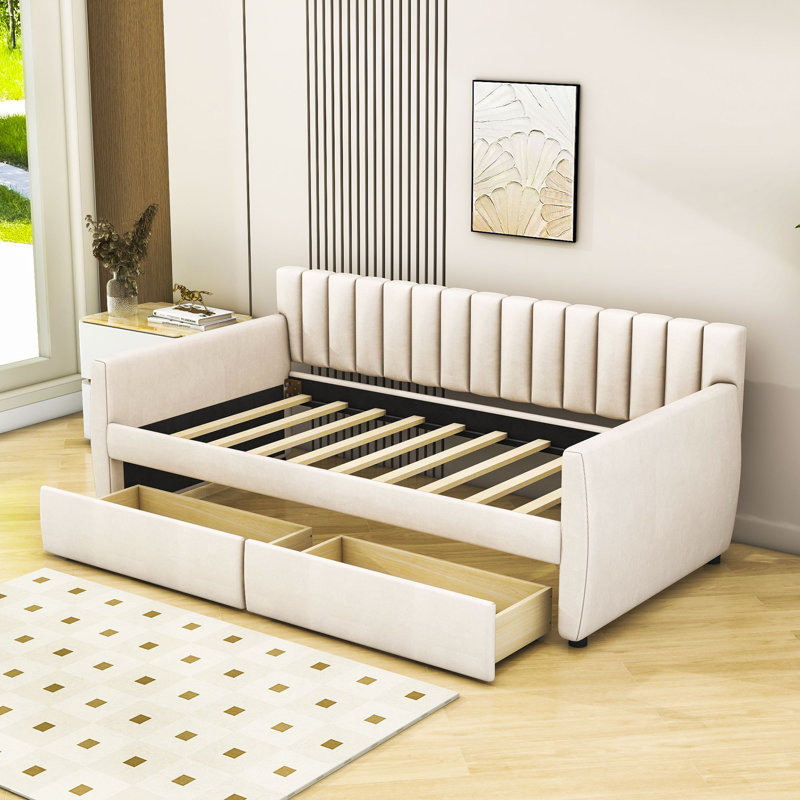 Twin Size 2 Drawers Upholstered Daybed, Beige